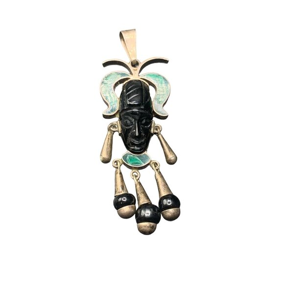 Aztec Mayan Face Mask Pendant Carved Malachite Onyx Taxco Mexico Sterling Silver - Picture 1 of 8
